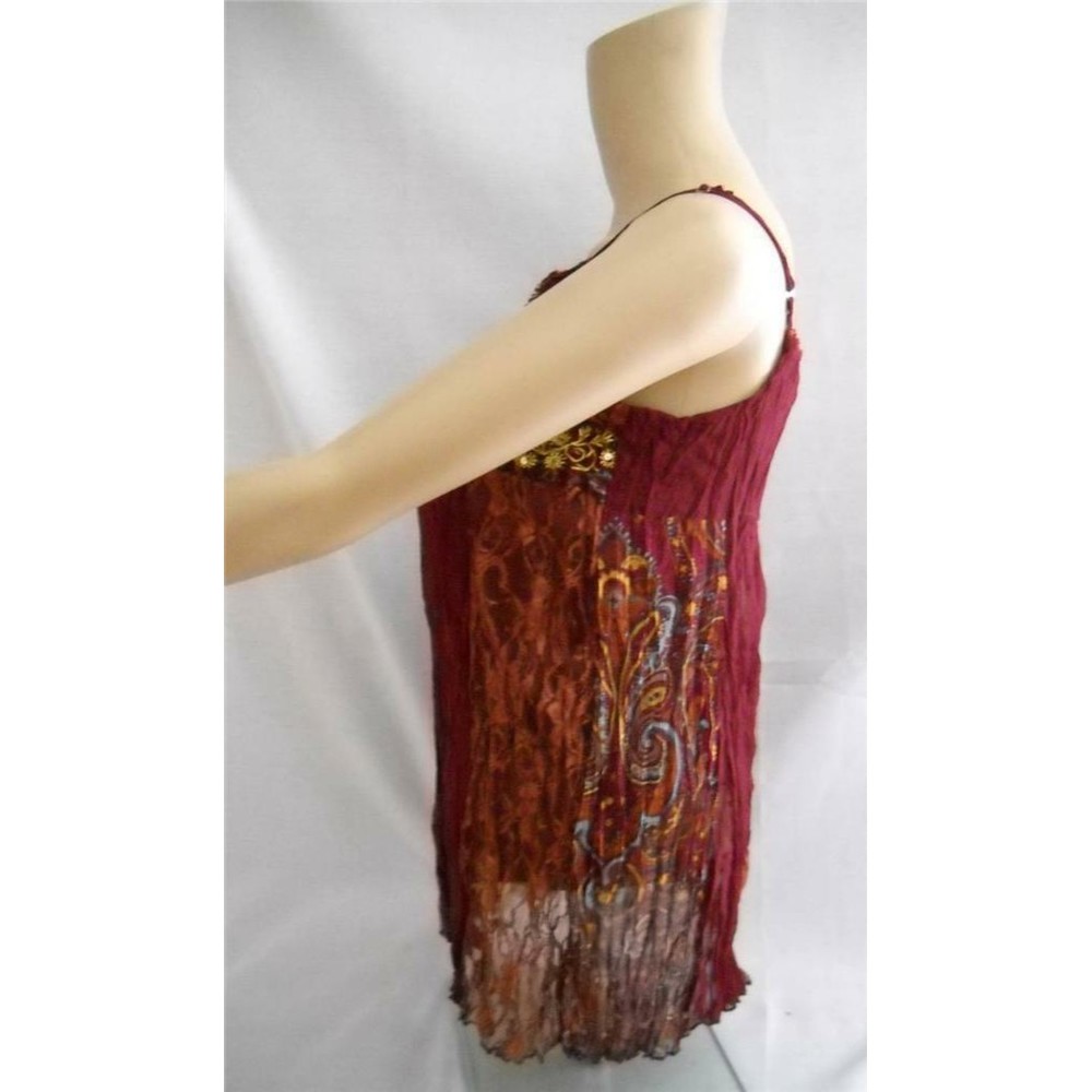 Y2K Crinkle Cami Top SEXY Retro BOHO With Liner & Lace Beads Burgundy Gorgeous - Picture 5 of 8